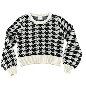 Pink Rose Black and White Houndstooth Knit Sweater Crew Neck Medium Preppy